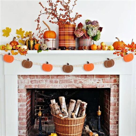 New‎ Fall Pumpkin Garland & Wood Bead Decor - Indoor Banner for Mantle & Wall - Picture 2 of 7